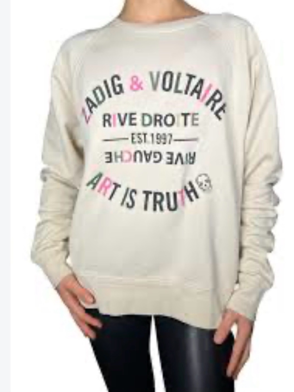 Zadig & Voltaire Cream Graphic Crewneck Sweatshirt with Pink & Black Lettering
